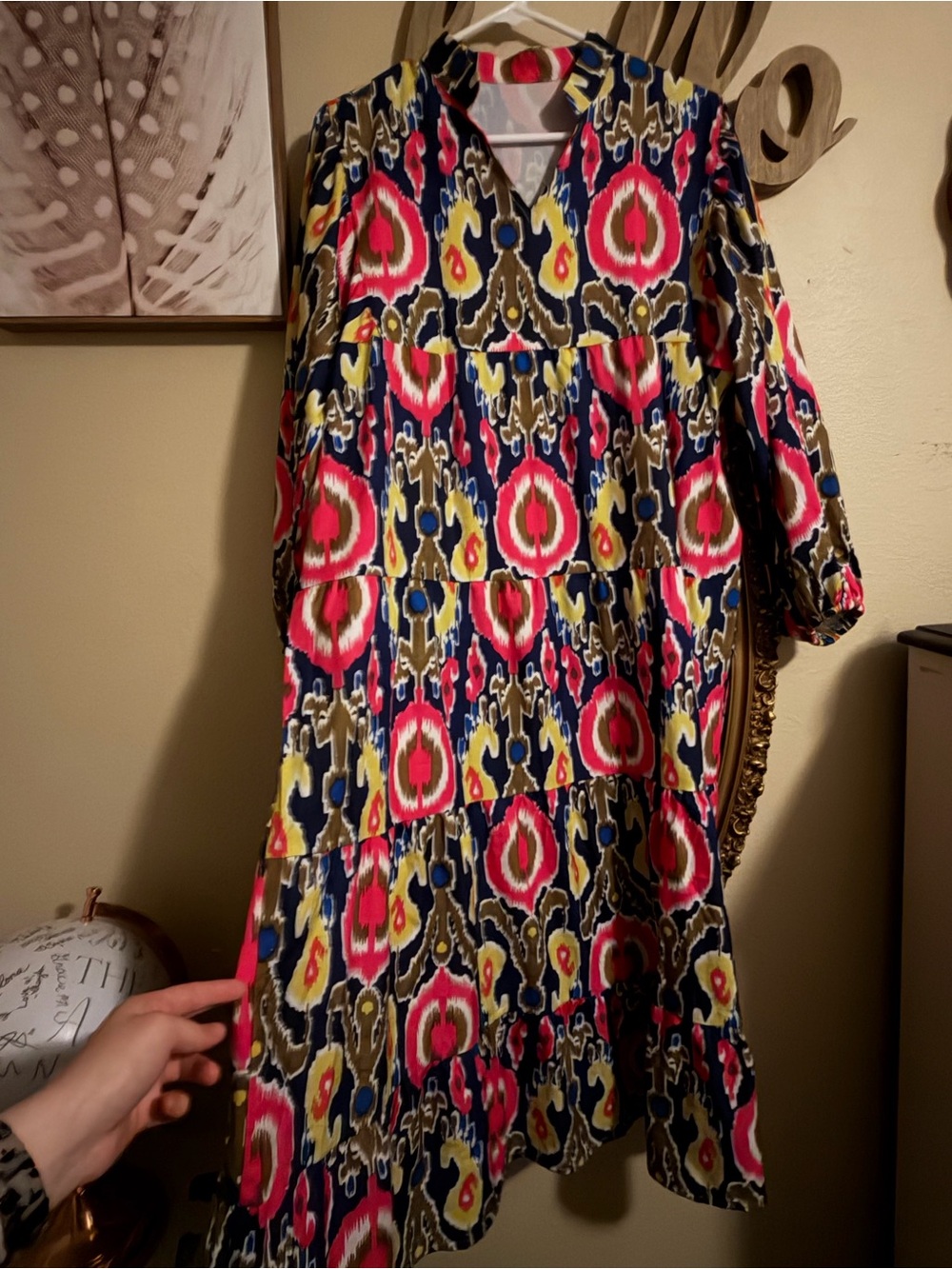 SHEIN Ikat-Print Long Sleeve Dress in Pink, Navy & Yellow